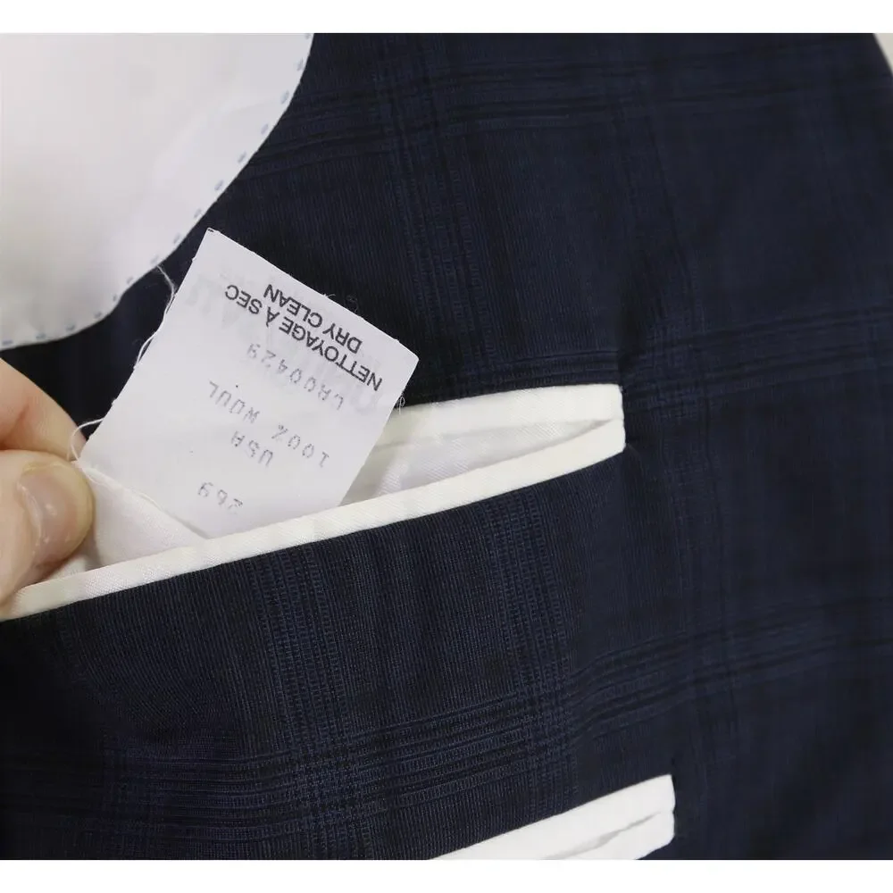Peter Millar Navy Blue Black Plaid Check Black Double Breasted Wool Suit 44R